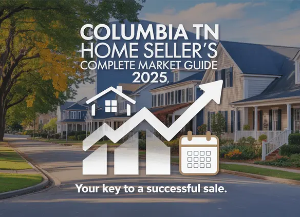 Columbia TN Home Seller’s Market Guide 2025 cover design with charming neighborhood street, southern-style homes, and modern real estate infographic elements highlighting local housing trends.