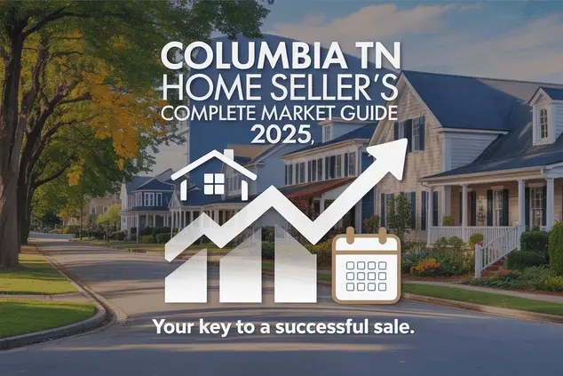 Columbia TN Home Seller’s Market Guide 2025 cover design with charming neighborhood street, southern-style homes, and modern real estate infographic elements highlighting local housing trends.