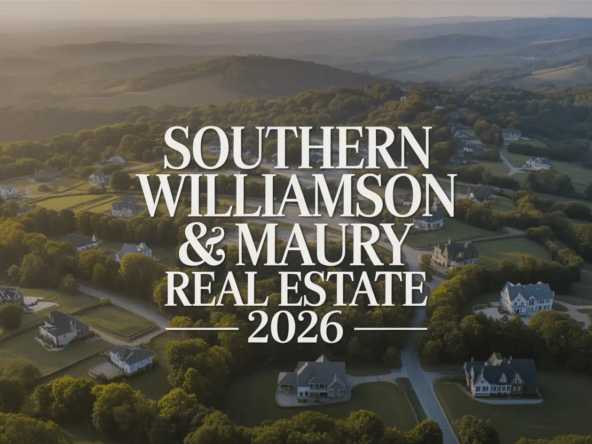 Aerial view collage of Southern Williamson and Maury County homes and landscapes representing the 2026 real estate market in Middle Tennessee.